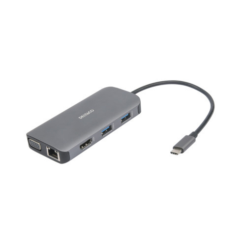 USB-C jungčių stotelė DELTACO, 9in1, 3x USB-A, SD/microSD, RJ45, HDMI, VGA, sidabrinė / USBC-HDMI25 / 1902420