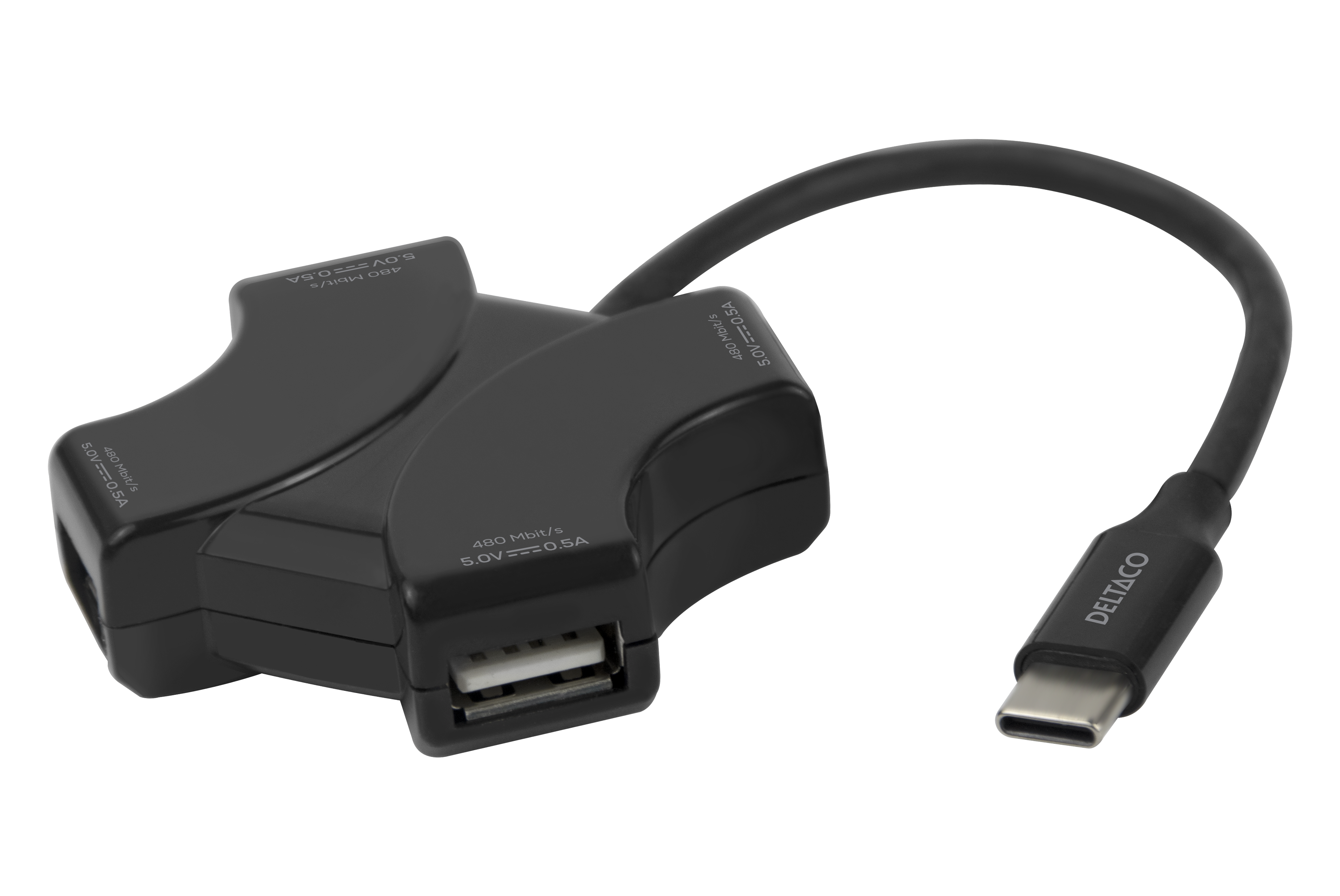 USB-C šakotuvas DELTACO, 4x USB-A 480 Mbps, juodas / USBC-HUB205 / 1902570