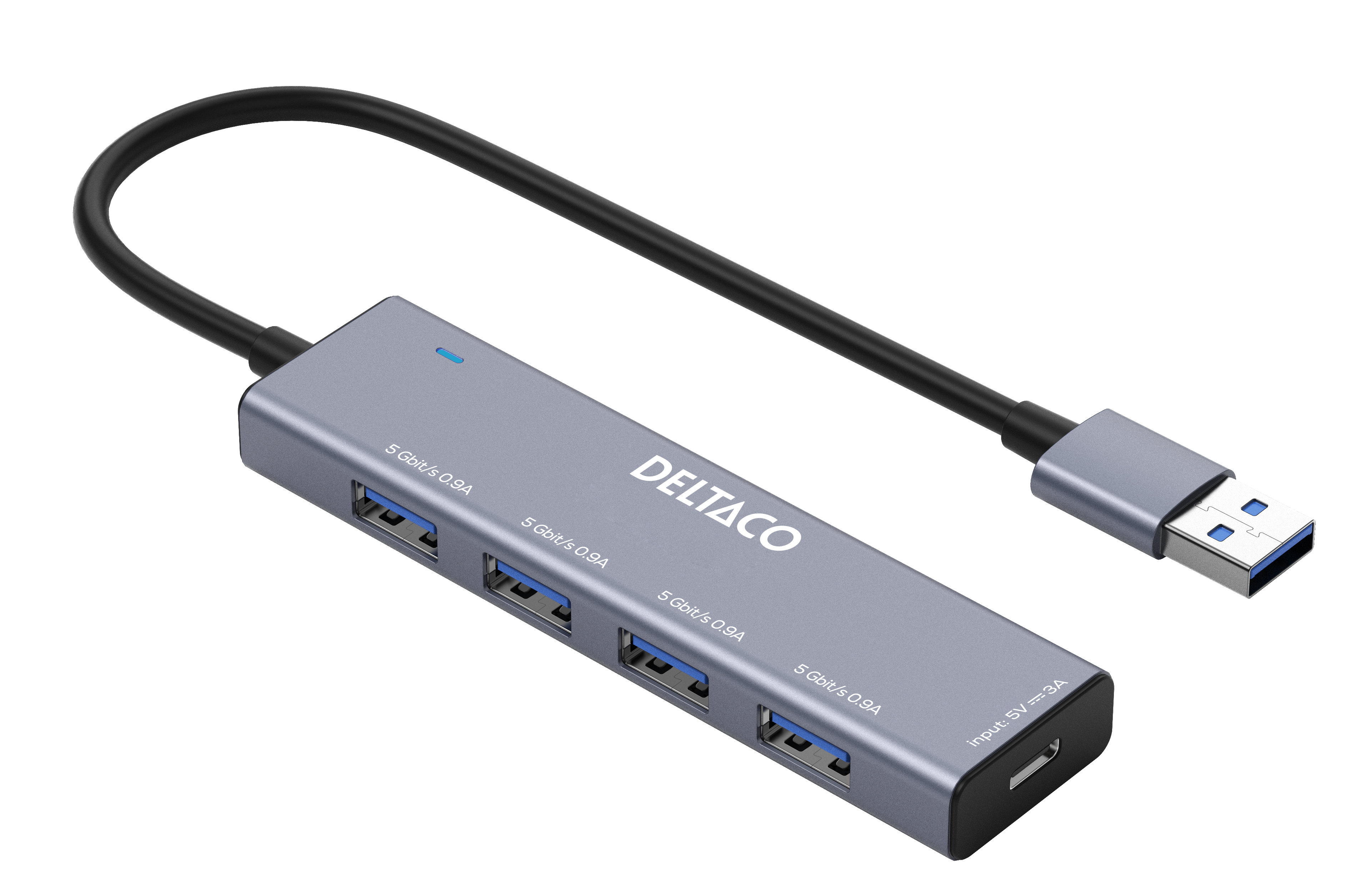 USB-A šakotuvas DELTACO, 4x USB-A lizdas, 5 Gbps, aliuminis, pilkas / UH-738 / 1903171
