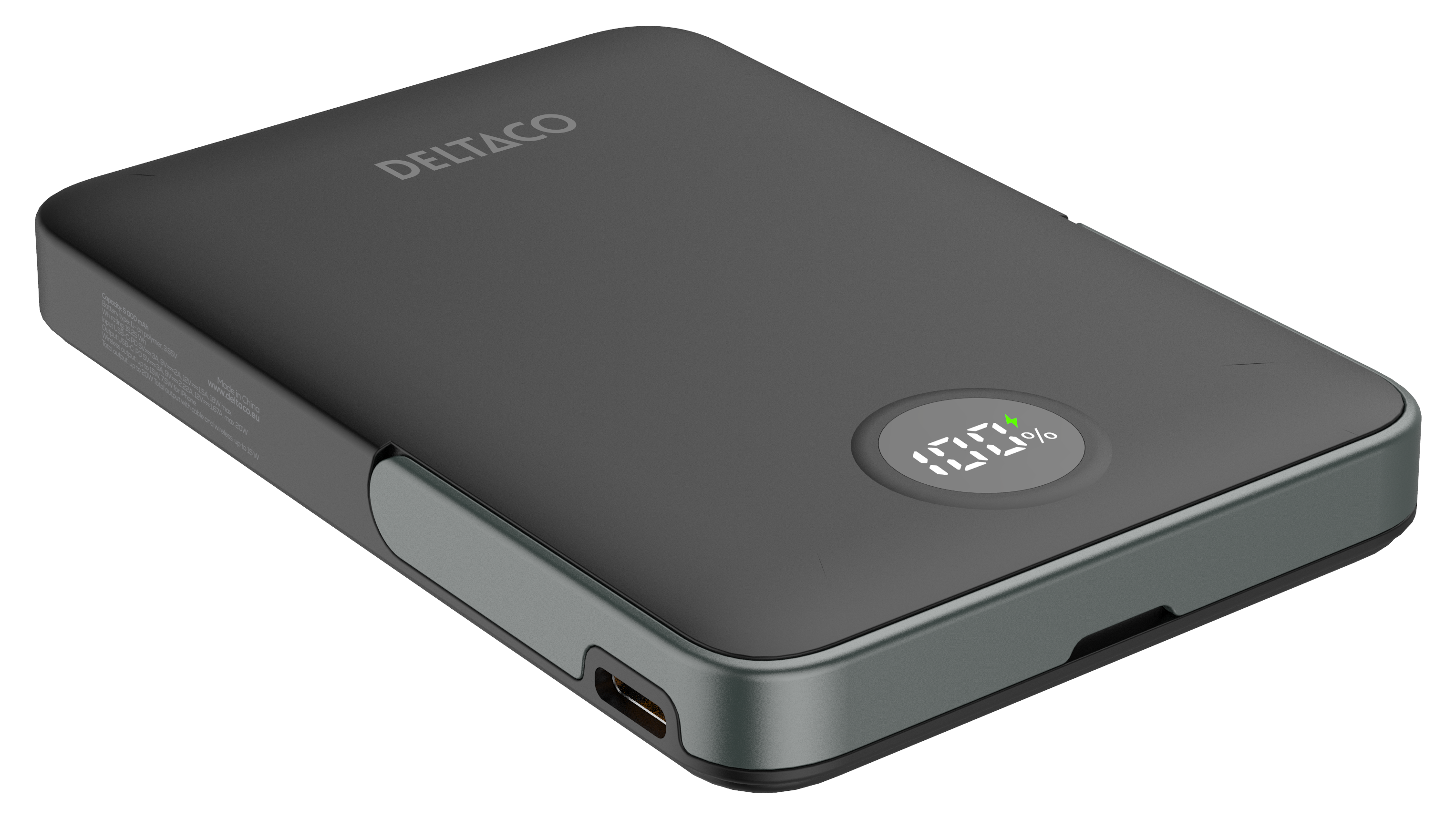 Išorinė baterija 5000 mAh DELTACO, su stoveliu, bevielė, PD 20 W, magnetas, juoda / PB-Q1007 / 1903254