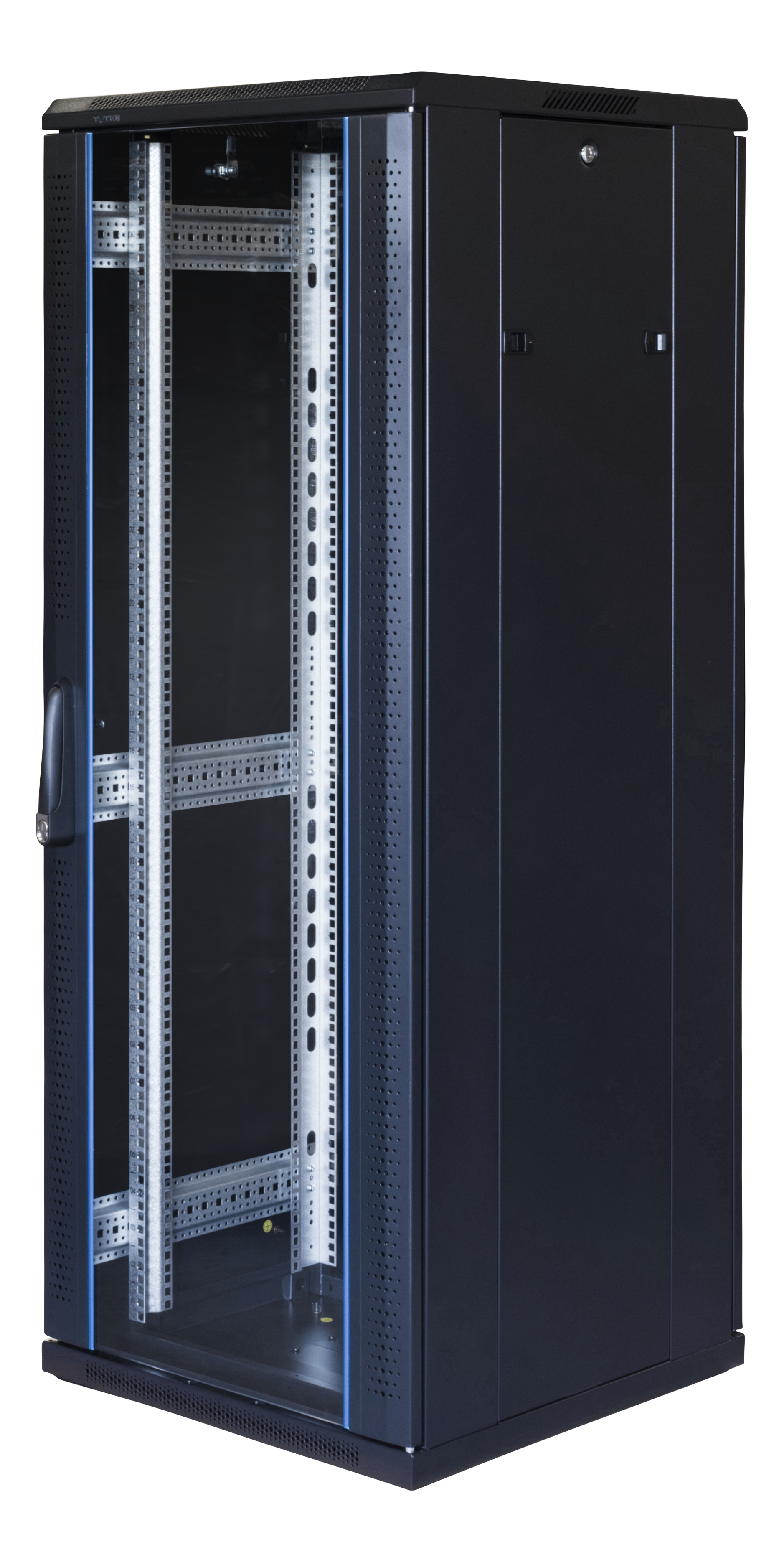 19" Komutacinė spinta TOTEN, System G, 32U, 600x600, stiklinės durys, perforuotos galins durys, iki 800kg, juoda/ G6.6632.9801 / 19-G6632GP