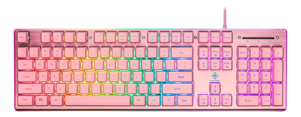 Membraninė RGB klaviatūra DELTACO GAMING PK75, 105 mygtukai, US išdėstymas, membraniniai jungikliai, rožinė/RGB / GAM-021-RGB-P-US