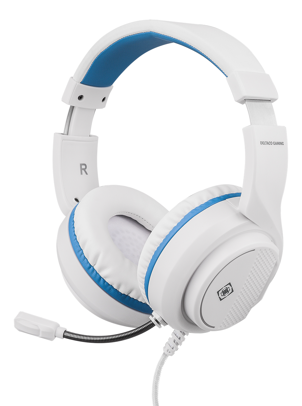 Stereo žaidimų ausinės DELTACO GAMING WHITE LINE skirtos PS5, 2 m laidas, 40 mm elementas, balta / mėlyna / GAM-127-W
