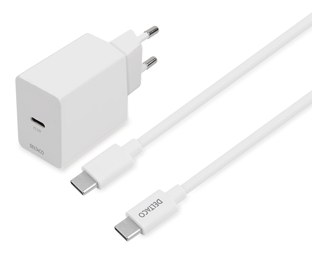 DELTACO USB-C sieninis įkroviklis, 1x USB-C PD 20 W, 1 m USB-C laidas, baltas, USBC-AC146