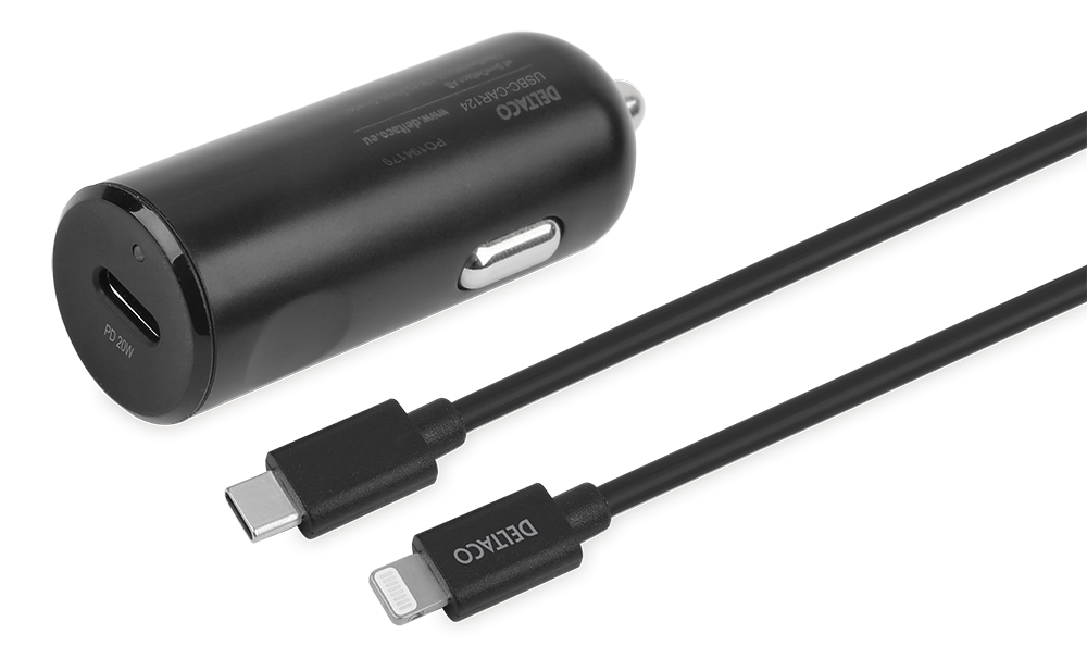 DELTACO USB automobilinis įkroviklis, 1x USB-C PD 20 W, 1 m Lightning laidas, juodas