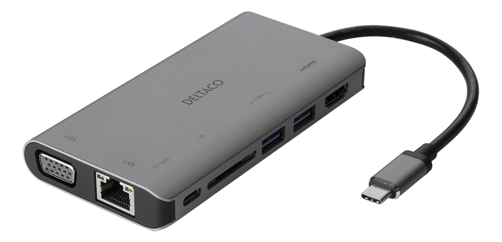 Docking jungčių stotelė DELTACO USB-C i HDMI / VGA / USB / RJ45 / SD, USB-C jungtis krovimui, 3840x2160, pilkas / USBC-HDMI18