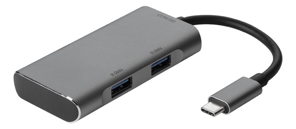 USB šakotuvas DELTACO USB-C ha - 2x USB-C ho ir 2x USB-A ho, 10 Gb / s, pilkas / USBC-HUB201