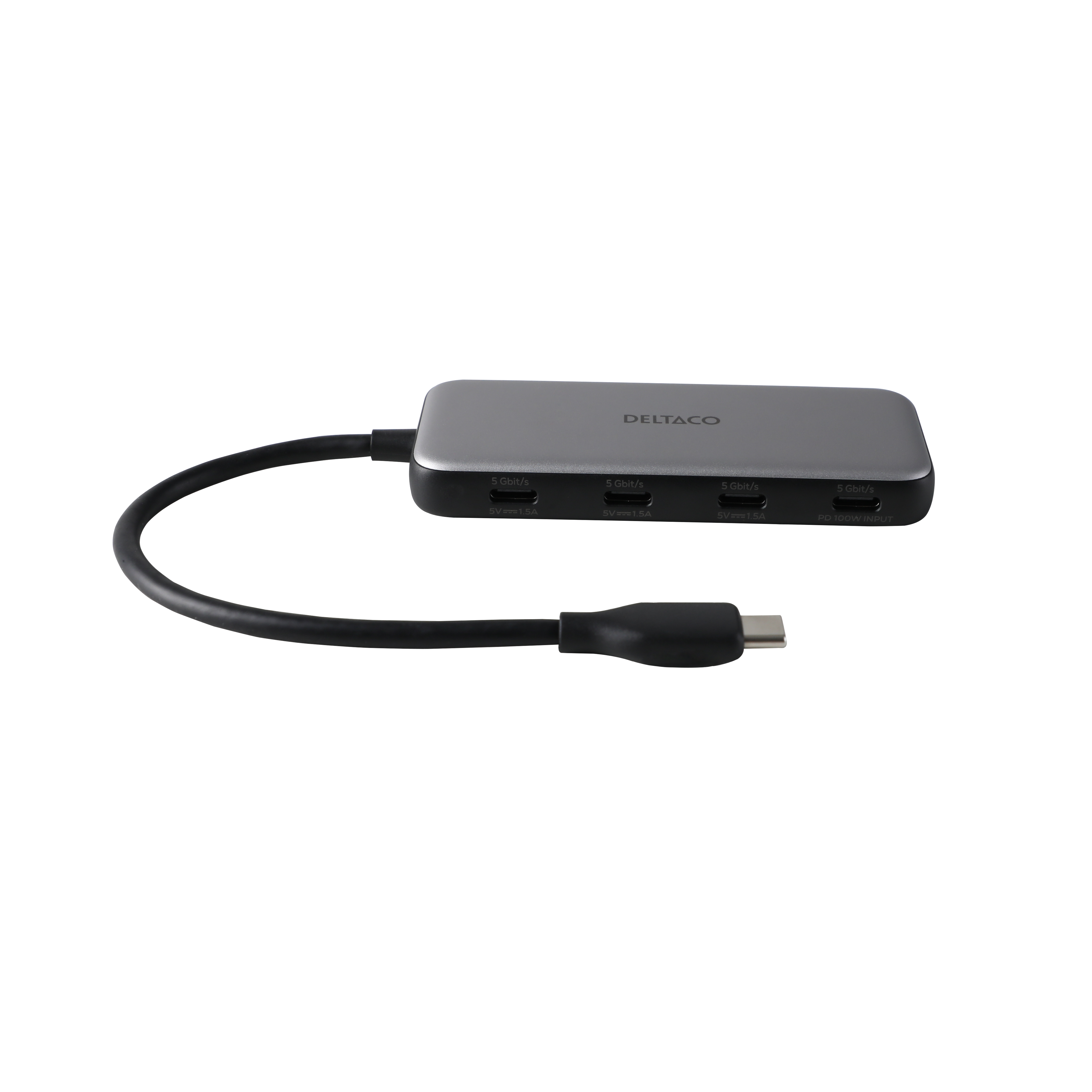 USB-C šakotuvas DELTACO, 4-jungtys, 5 Gbit/s, 100W galia, sidabrinis / USBC-HUB204 / 1902429