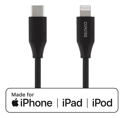 DELTACO USB-C į Lightning kabelis, 0.25m, 9V / 2A PD, 5V / 3A PD, 5V / 2.4A, USB 2.0, juodas / IPLH-301M