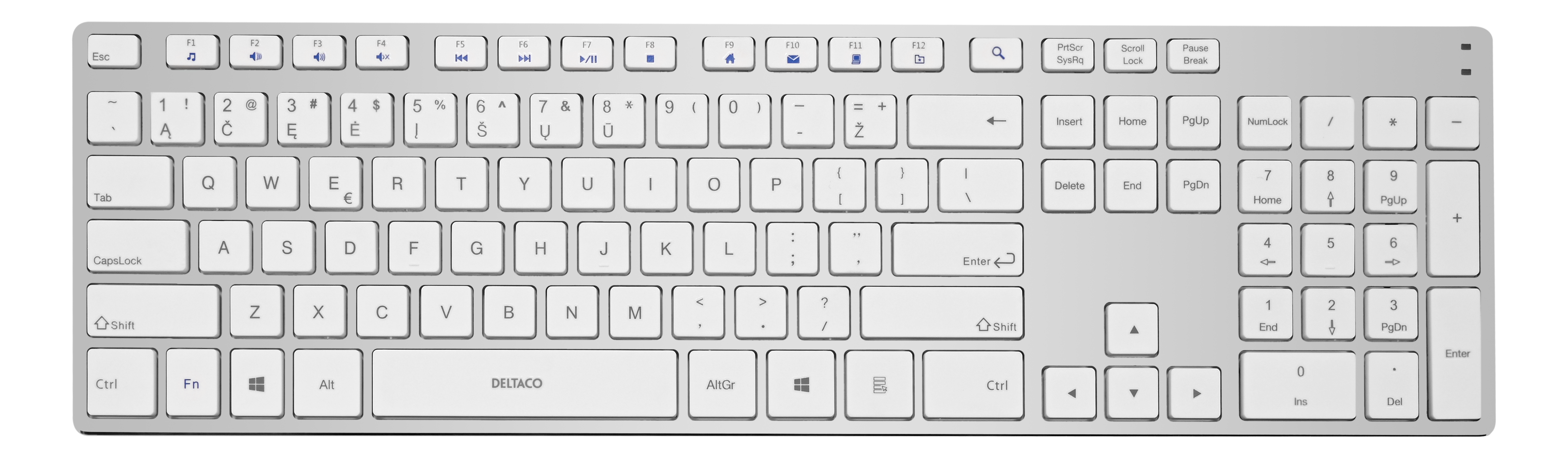 Bevielė plona klaviatūra DELTACO USB, LT, sidabrinė/balta / TB-802-W-LT