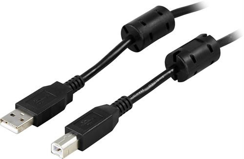 DELTACO USB 2.0 kabelis, A tipo jungtys - B tipo jungtys, 5 m, ferito šerdys, juodas / USB-250FS