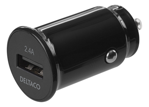 DELTACO 12/24 V USB automobilinis įkroviklis su 1x USB-A jungtimi, 2,4 A, 12 W, juodas USB-CAR123
