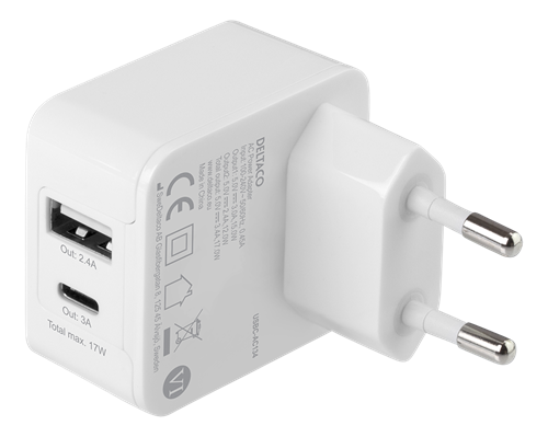 DELTACO Dvigubas USB sieninis įkroviklis 1x USB-A, 1x USB-C, 17 W, baltas USBC-AC134