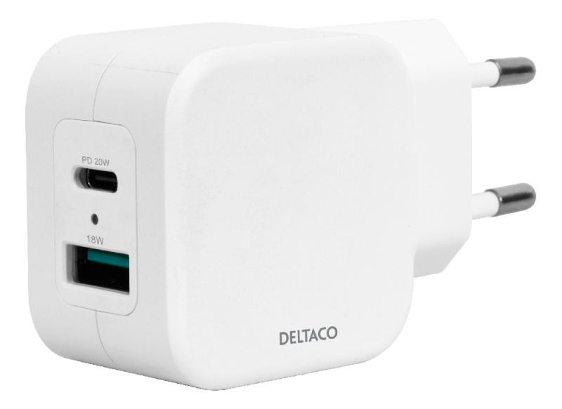 Dvigubas USB sieninis kroviklis DELTACO USB-A & USB-C duomenų perdavimas, 20 W, baltas / USBC-AC149