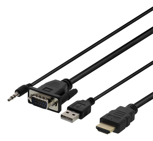 DELTACO VGA su audio į HDMI kabelis, VGA / HDMI / USB / 3.5mm, 1920x1080 at 60Hz, 1m, juodas VGA-HDMI16