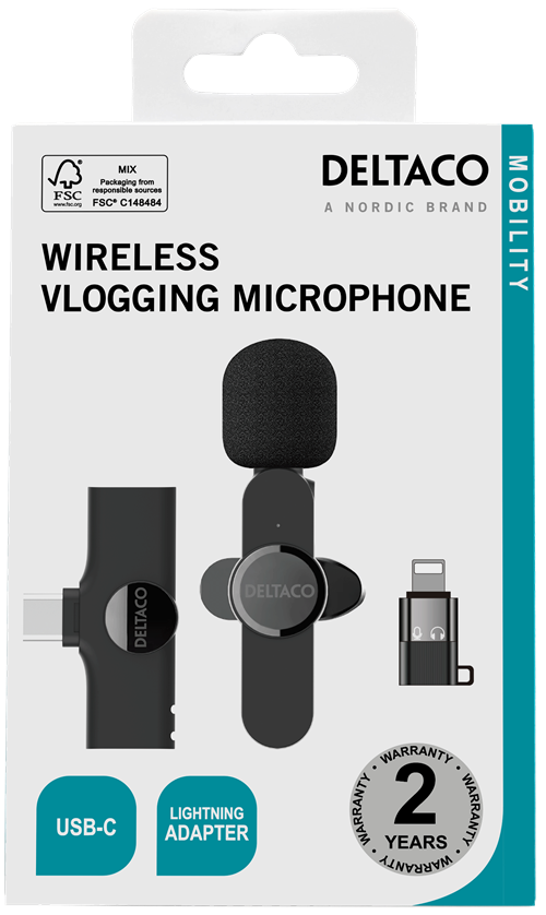 Belaidis vlogging mikrofonas DELTACO USB-C/Lightning, 1-pack / VLOG-100