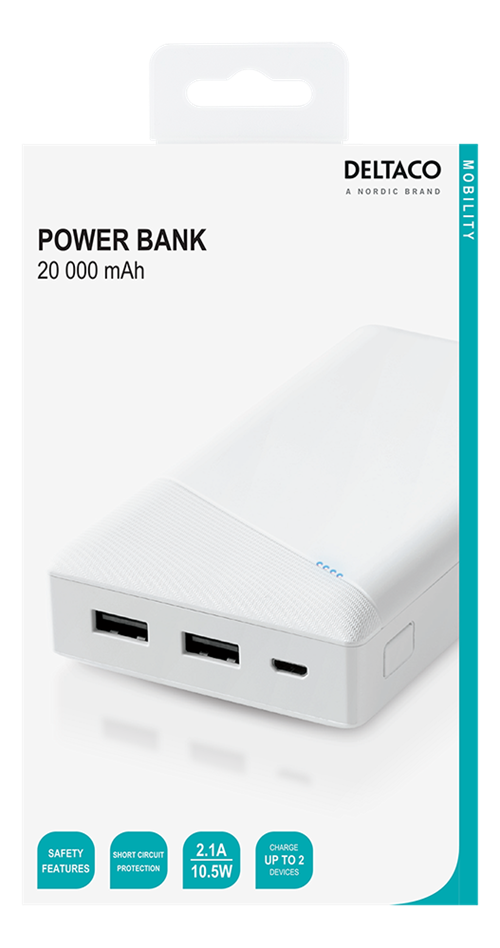 Powerbank DELTACO 20000 mAh, 2.1 A / 10.5 74 Wh, 2x USB-A, white / PB-A1002