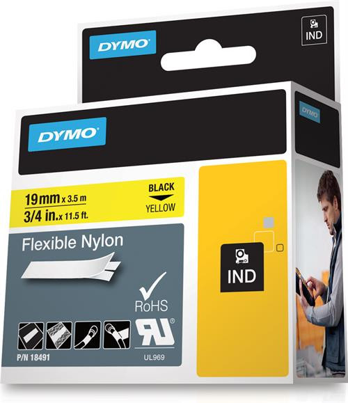 DYMO Rhino Professional, noticeable flexible nylon tape, 19 mm, black text on yellow tape, 3.5 m / 18491