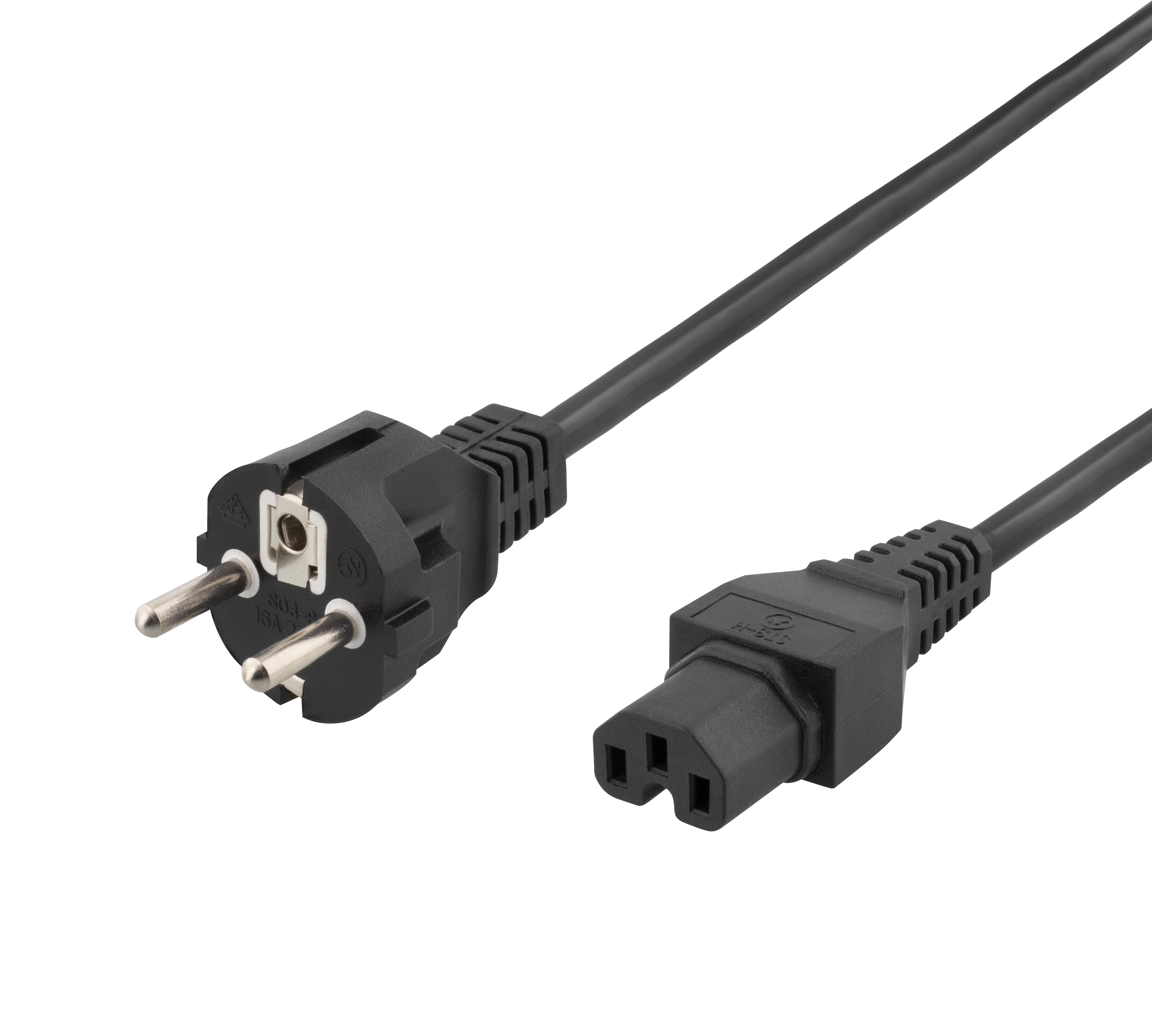 Extension cable DELTACO 5m, grounded, straight IEC 60320 C15 to straight CEE 7/7, max 250V / 10A, black / DEL-117D