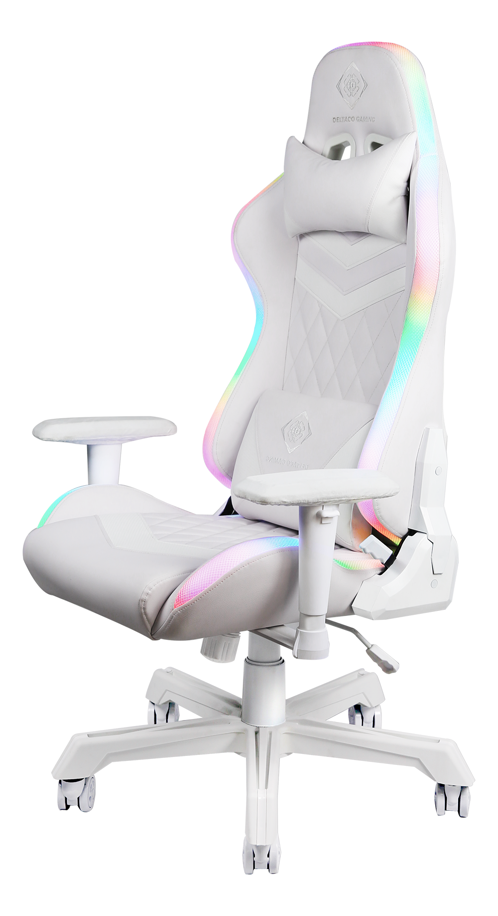 Gaming chair DELTACO GAMING WHITE LINE, RGB, neck cushion, back cushion, white / GAM-080-W