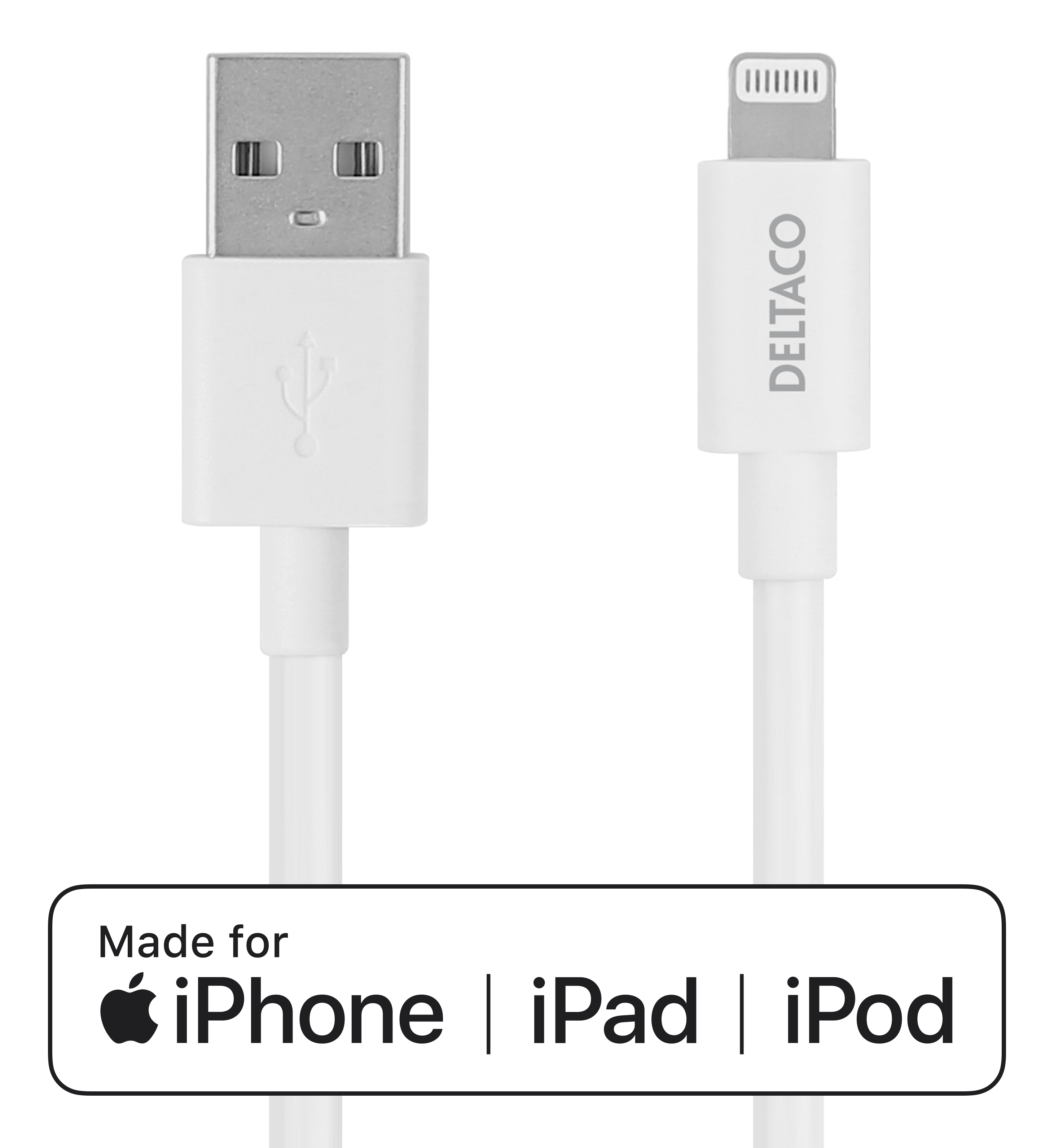 Lightning cable DELTACO USB-A -Lightning, 1m, Apple C189 chipset, MFi, FSC-labeled packaging, white / IPLH-401