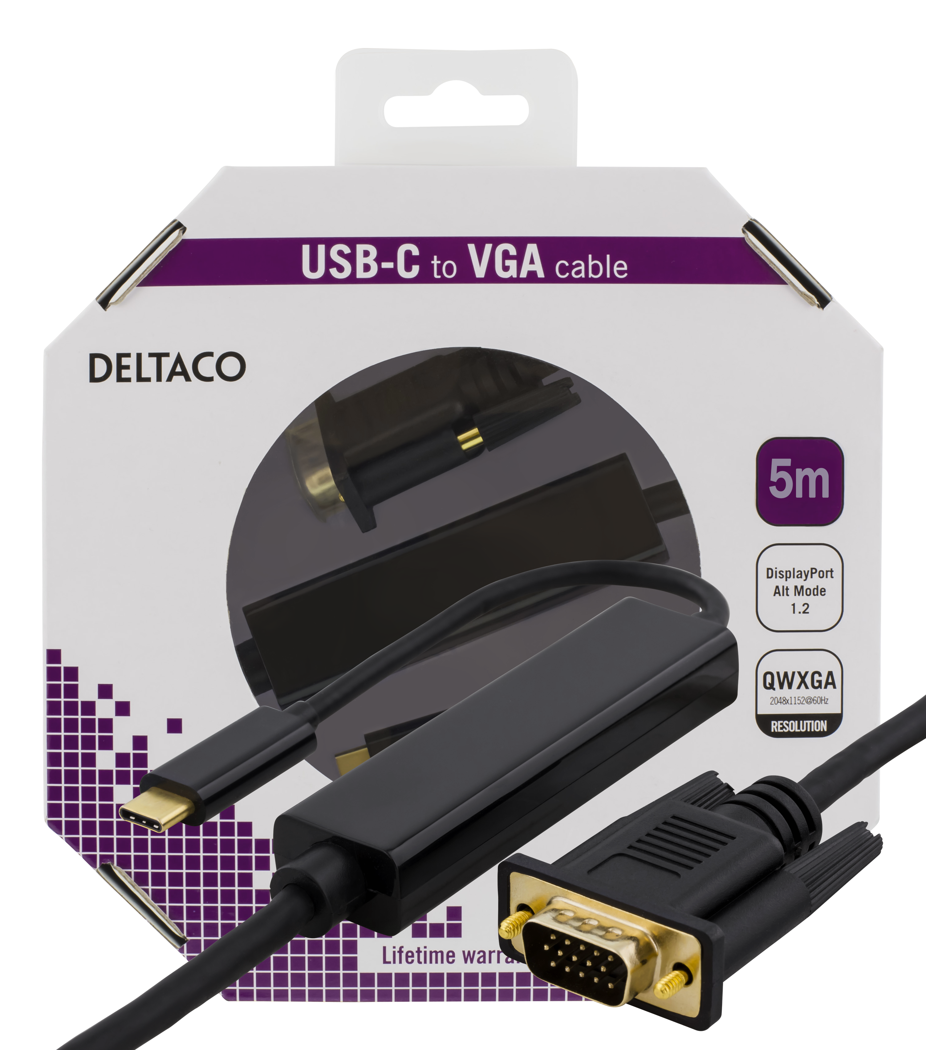 Cable DELTACO USB-C - VGA, QWXGA 2048x1152 60Hz, 5m, DP 1.2 Alt Mode, black / USBC-1089-K