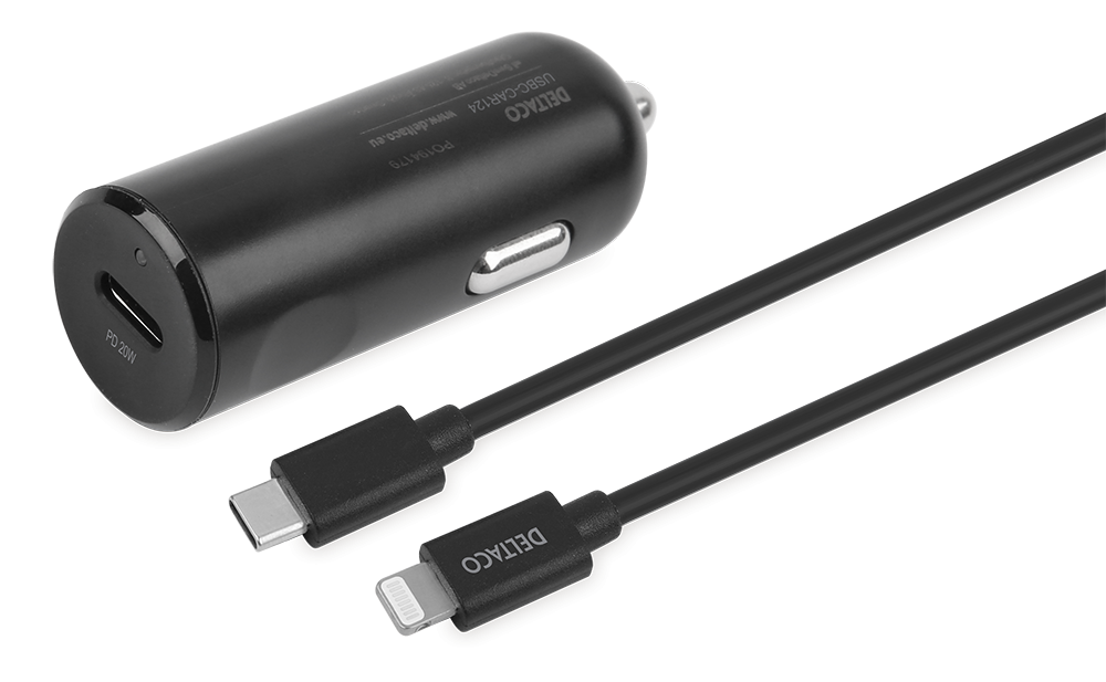 USB-C car charger DELTACO 1x USB-C PD 20 W, 12/24 V, 1 m Lightning cable, black / USBC-CAR124