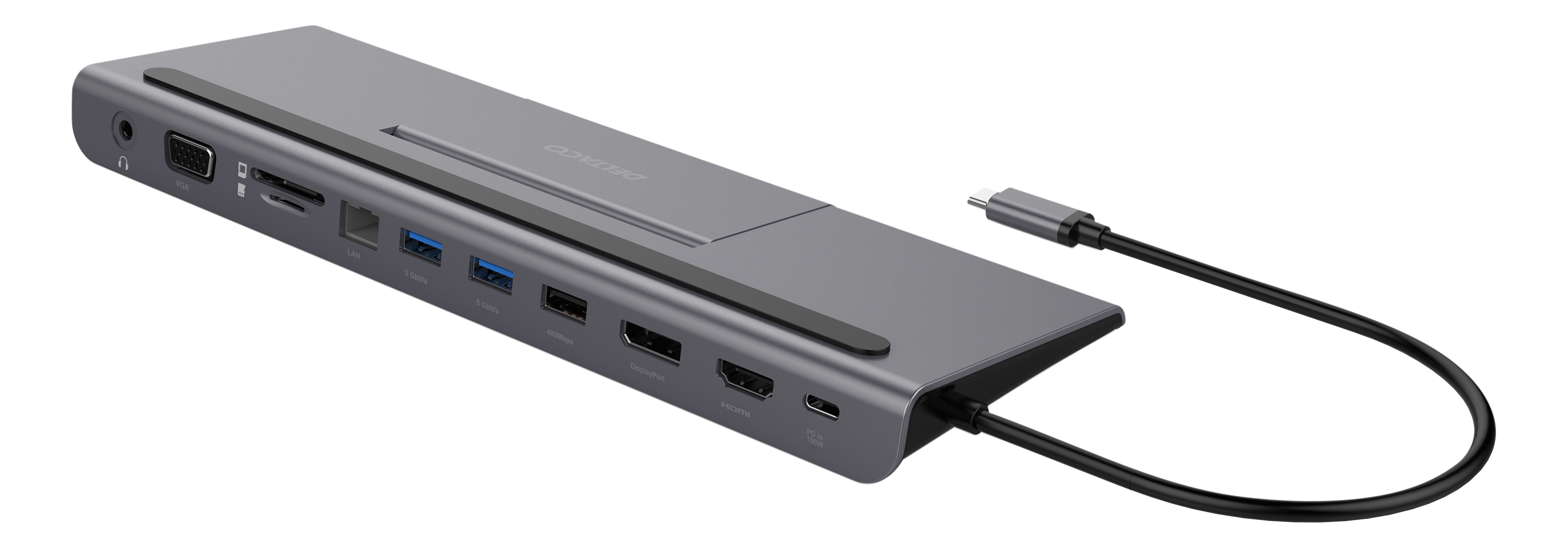 USB-C docking station DELTACO USB-C Power Deliver 85 W, 4K UHD @ 60Hz, DP, HDMI, VGA, RJ45, 3.5mm, 1 Gbit/s, grey / USBC-DOCK2