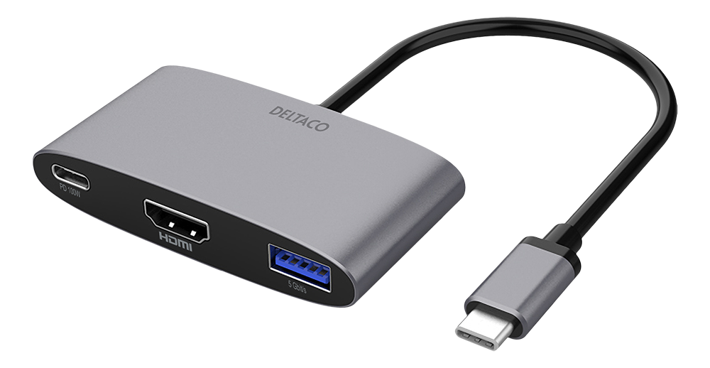 Adapter DELTACO USB-C to HDMI and USB A, port with Power Delivery 3.0, 3840x2160 60Hz, space grey / USBC-HDMI22
