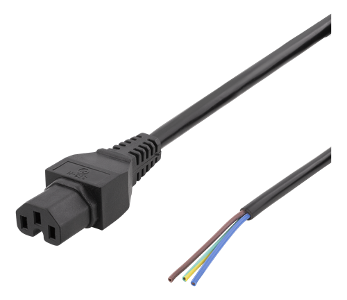 DELTACO C15 to open ended power cord, 2m, IEC C15, 10A, black DEL-109UD