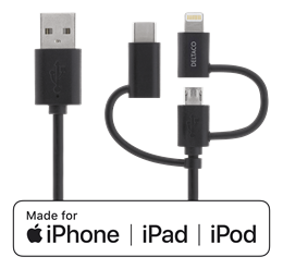 Universal Charge and Sync cable, 1m, Micro USB, USB-C, Lightning DELTACO black / IPLH-155