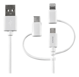 DELTACO USB-C / Micro USB / Lightning Sync / Charging Cable, MFi, 1m, 15W, USB Type A ha, white IPLH-179