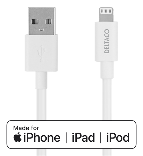 Lightning cable DELTACO USB-A -Lightning, 2m, Apple C189 chipset, MFi, FSC-labeled packaging, white / IPLH-402