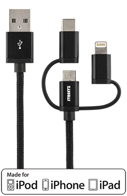 Phone cable STREETZ, USB-microUSB+Lightning+USB-C, 1.0m, black / IPLH-584