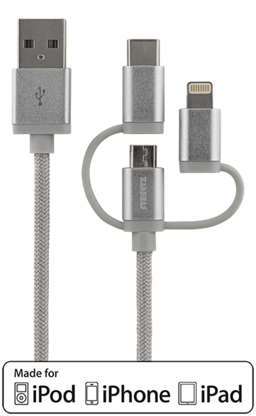 Phone cable STREETZ, USB-microUSB+Lightning+USB-C, 1.0m, silver / IPLH-585