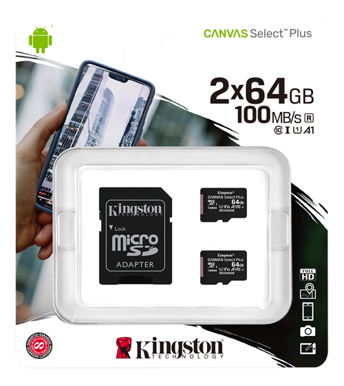 Kingston Canvas Select Plus MicroSDHC, 64GB, Class 10 UHS-I, incl. adapter, 2-pack, black / KING-2987