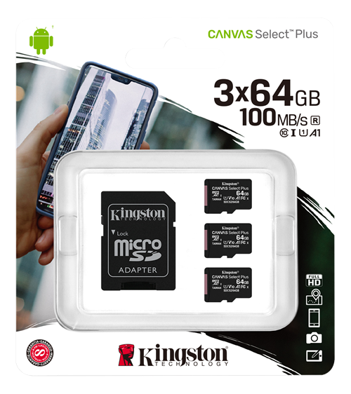 Kingston Canvas Select Plus MicroSDHC, 64GB, Class 10 UHS-I, incl. adapter, 3-pack, black KING-2988