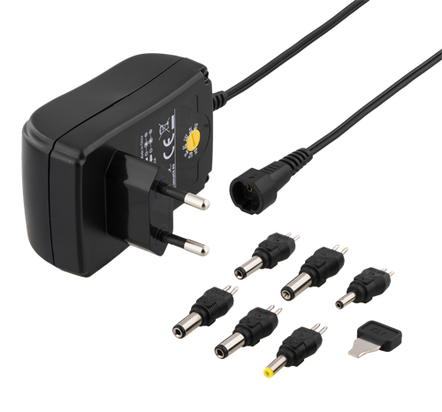 DELTACO AC Adapter 110-240V to 3-12V DC, 1.5A, Interchangeable Connectors, USB, Black / PSR-15B