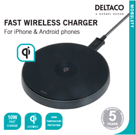 DELTACO Wireless Fast-charger for iPhone and 10W, QI Certified, black / QI-1028