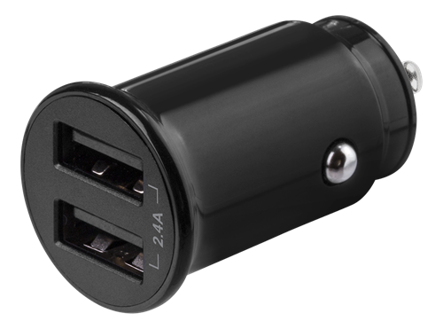 DELTACO 12/24 V USB car charger with compact size and dual USB-A ports, 2.4 A, 12 W, black USB-CAR124