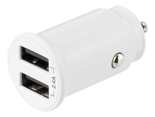 DELTACO 12/24 V USB car charger with compact size and dual USB-A ports, 2.4 A, 12 W, white USB-CAR125