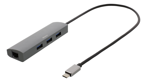 DELTACO USB-C Hub and Network Adapter, USB-C ha, RJ45 socket, 3xUSB-A 3.0, 0.4m cable, space gray / USBC-1294