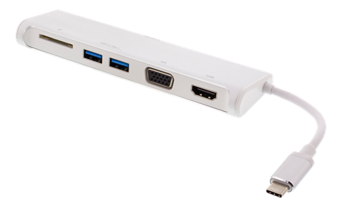DELTACO USB-C hub, 1x HDMI 4K at 30Hz, 1x VGA, 2x USB-A 3.1, 1x SD card reader, white / USBC-HUB100