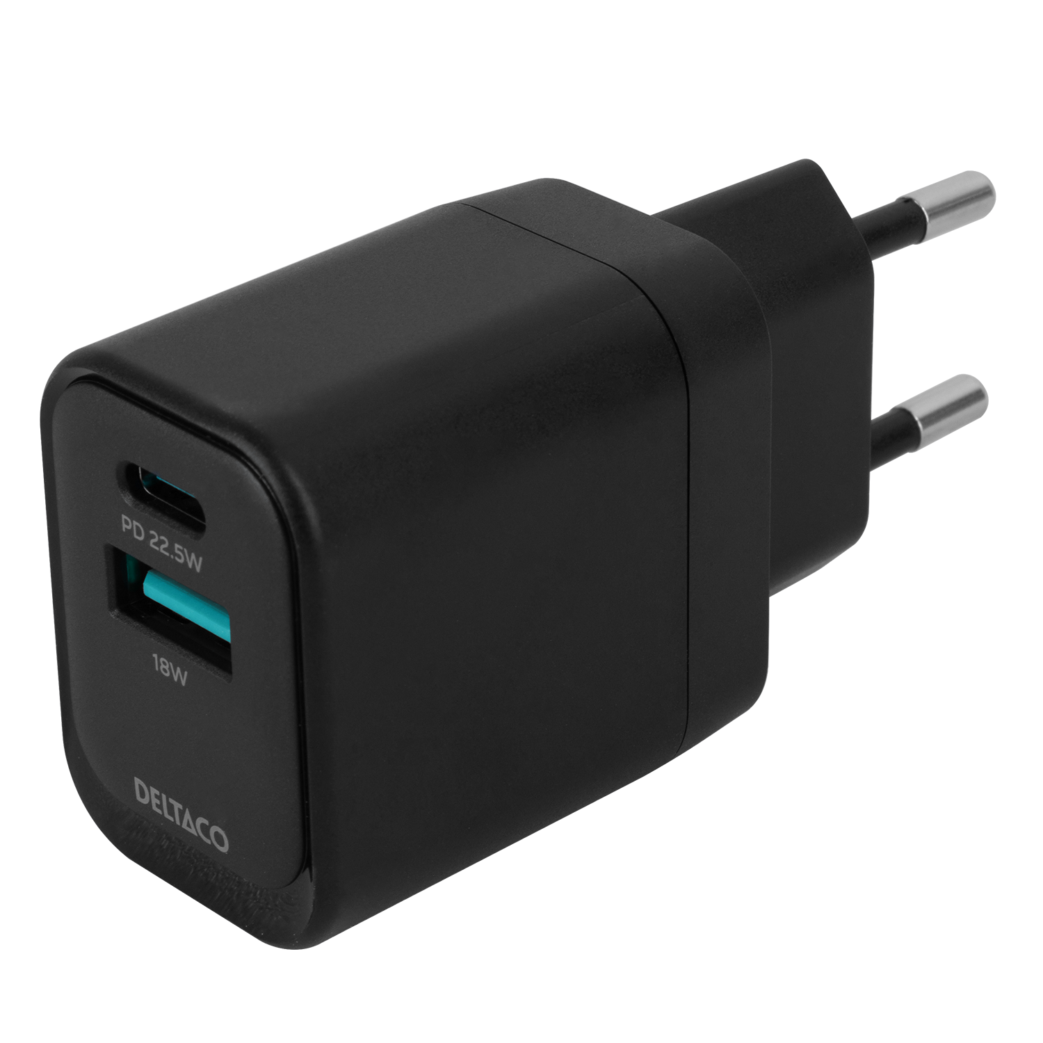 USB wall charger DELTACO, 1x USB-A 18 W, 1x USB-C PD 20 W, black / USBC-AC153 / 1903152