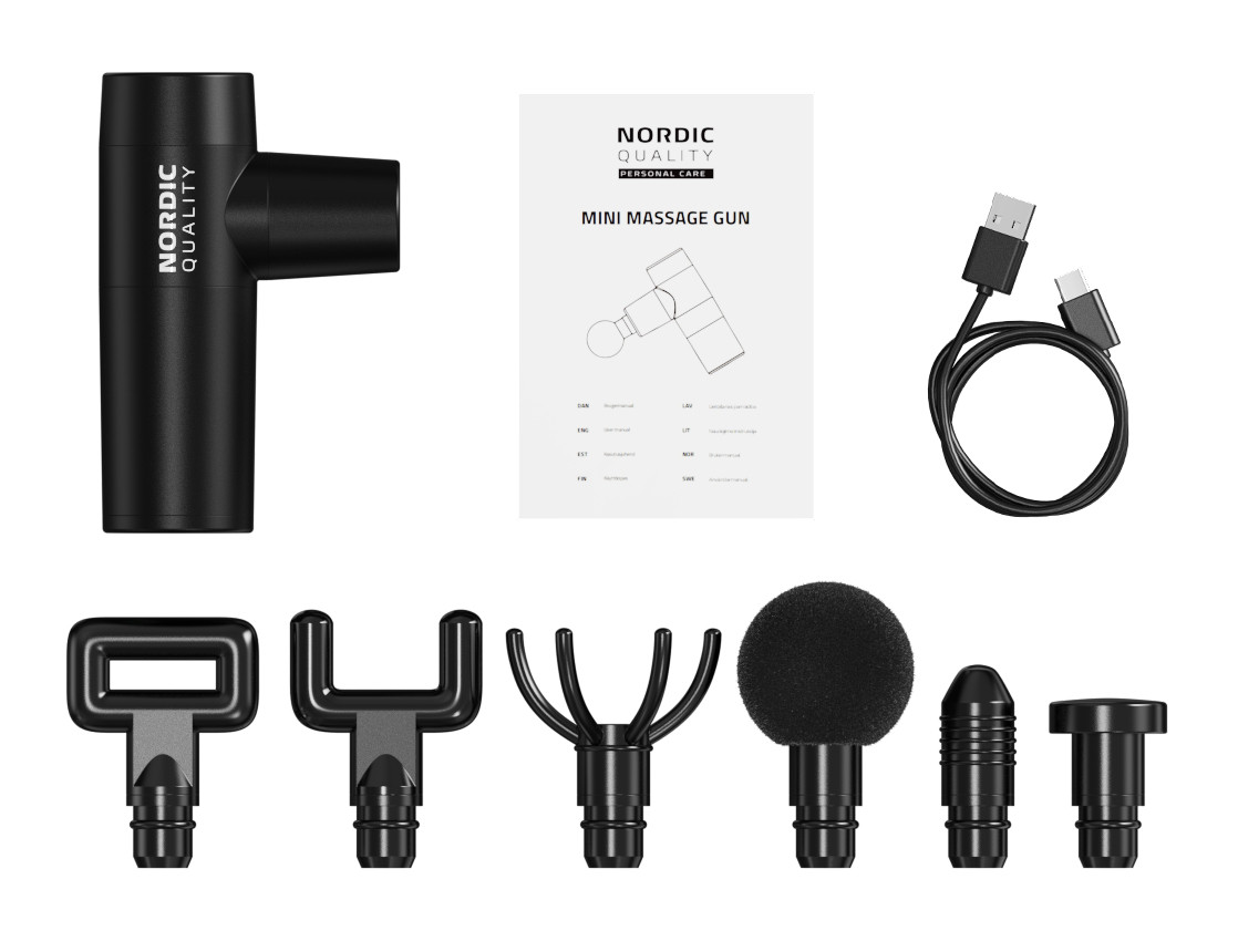 Mini massage gun Nordic Quality with 6 different massage heads, black / 7662012