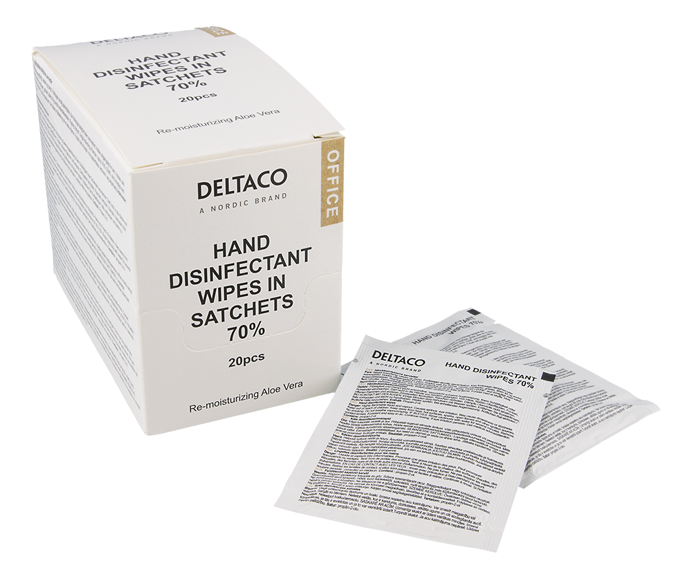 Дезинфицирующие салфетки для рук DELTACO Office в пакетиках, 20шт.