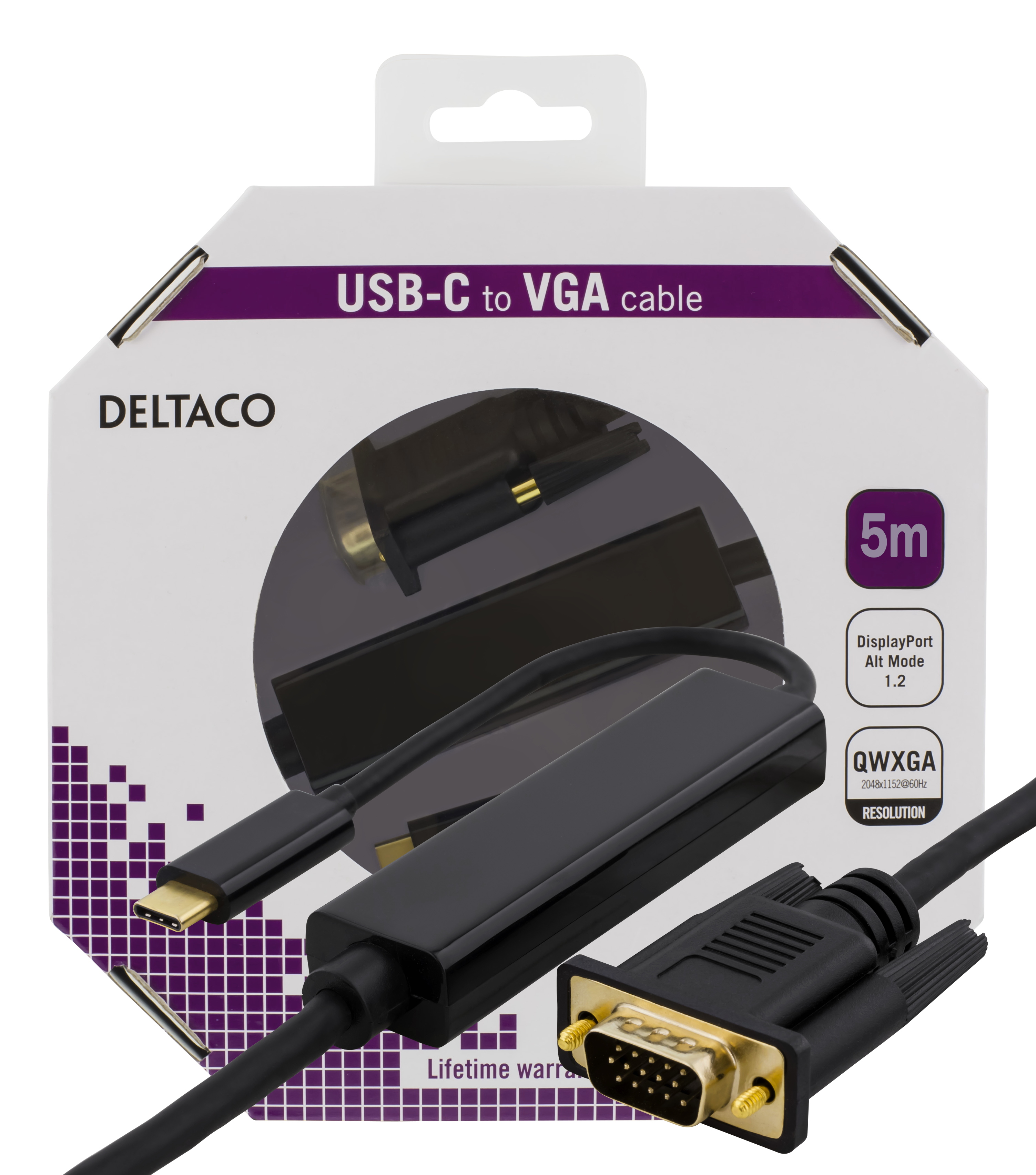 DELTACO USB-C - VGA, QWXGA 2048x1152 60 Гц, 5 м, альтернативный режим DP 1.2, черный