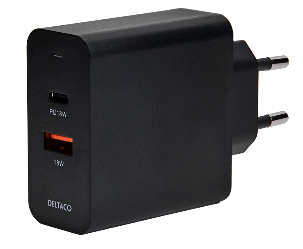 Зарядное устройство DELTACO USB, 1x USB-C PD 18 Вт, 1x USB-A 18 Вт, 36 Вт, черный