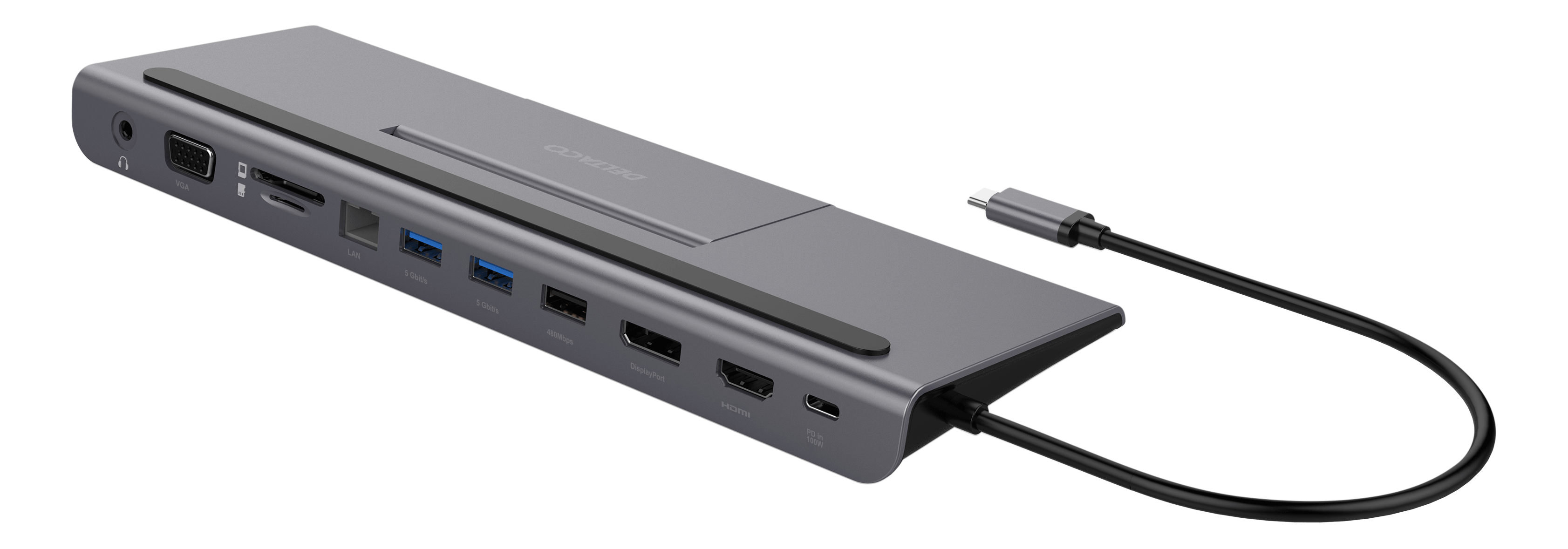 Док-станция DELTACO USB-C VGA/DP/HDMI/SD/RJ45/3.5, PD 3.0, серая