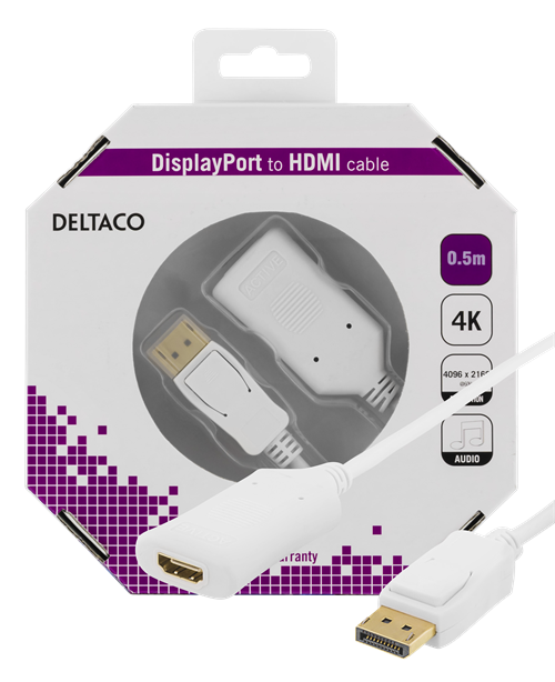 Кабель DELTACO DisplayPort к HDMI 2.0b, 4K при 60 Гц, 0,5 м, белый